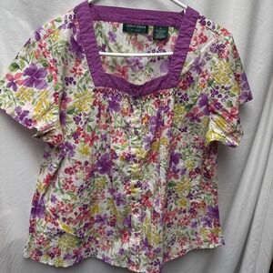 Lemon Grass Studio Purple Floral Crinkle‎ Short Sleeve Button Blouse XL Box Neck